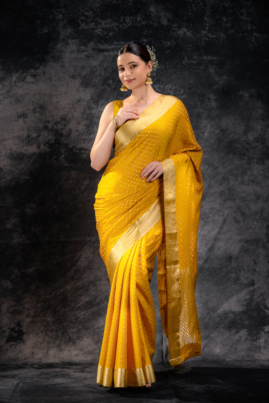 Mustard Yellow Crepe Saree with Silver Zari Buttas and Floral Jaal Texture