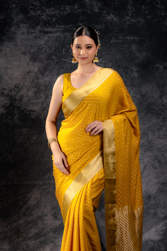 Mustard Yellow Crepe Saree with Silver Zari Buttas and Floral Jaal Texture