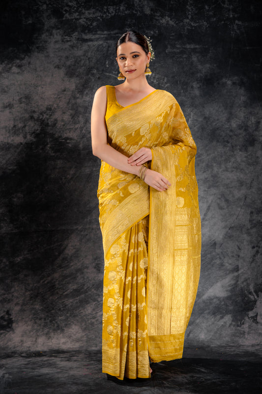 Mustard Tissue Saree with Zari Jaal Weave and Floral Border