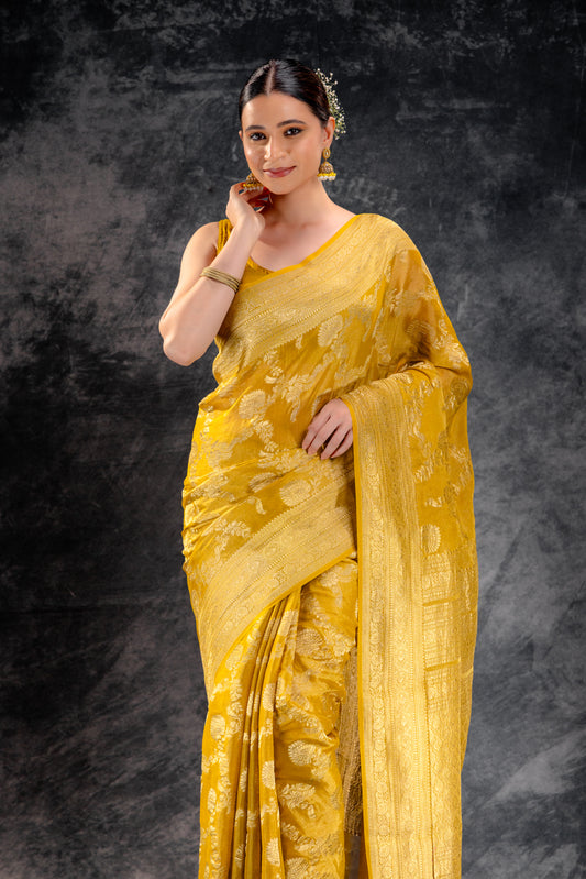 Mustard Tissue Saree with Zari Jaal Weave and Floral Border
