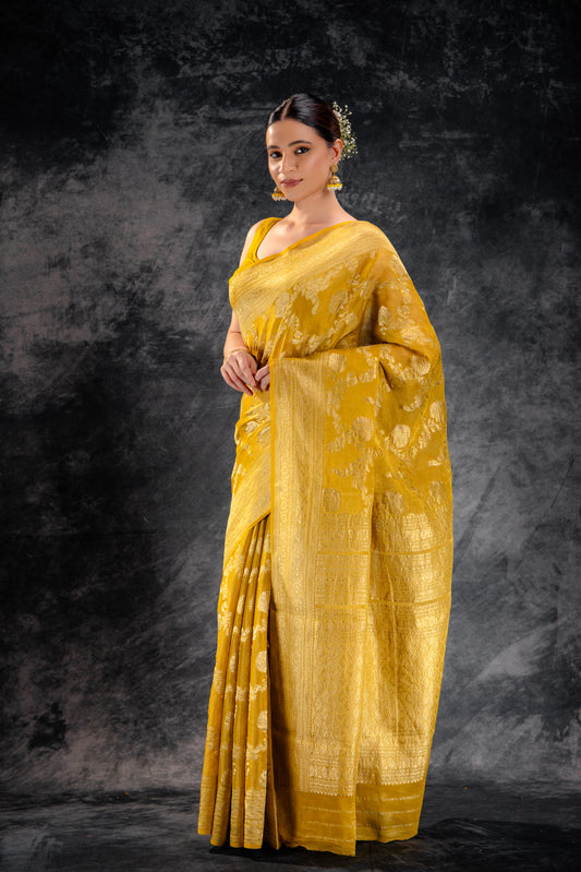 Mustard Tissue Saree with Zari Jaal Weave and Floral Border