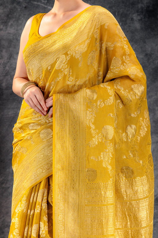 Mustard Tissue Saree with Zari Jaal Weave and Floral Border