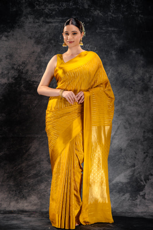 Golden Ember Crepe Saree with Dual Zari Arrows with Satin Border