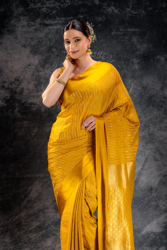 Golden Ember Crepe Saree with Dual Zari Arrows with Satin Border