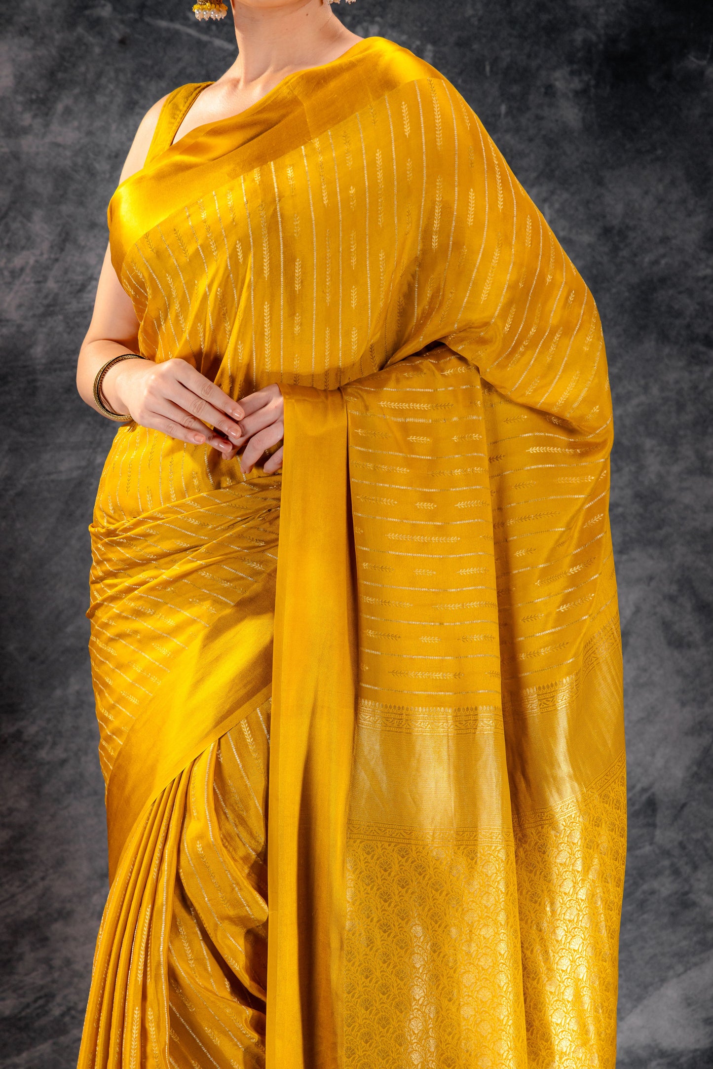 Golden Ember Crepe Saree with Dual Zari Arrows with Satin Border