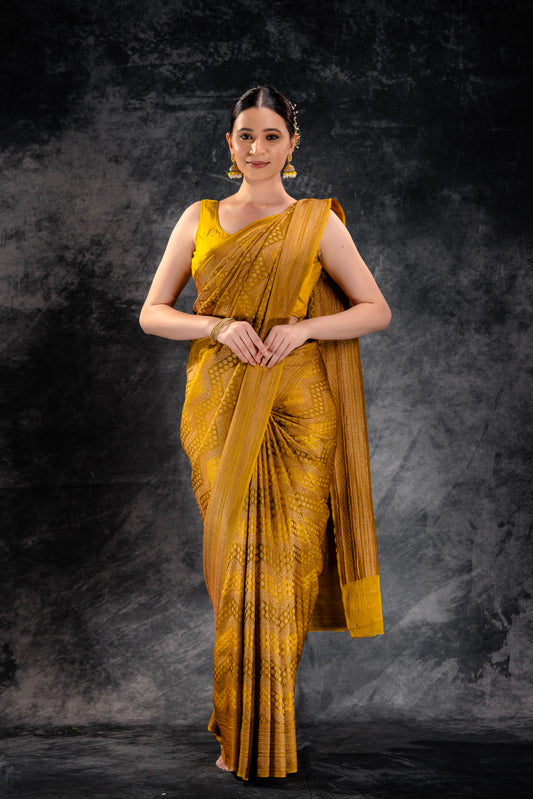 Mustard Yellow Vat Dyed Banarasi Silk Saree with Antique Zari Weave