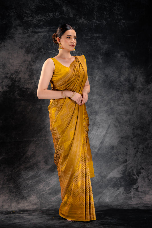 Mustard Yellow Vat Dyed Banarasi Silk Saree with Antique Zari Weave