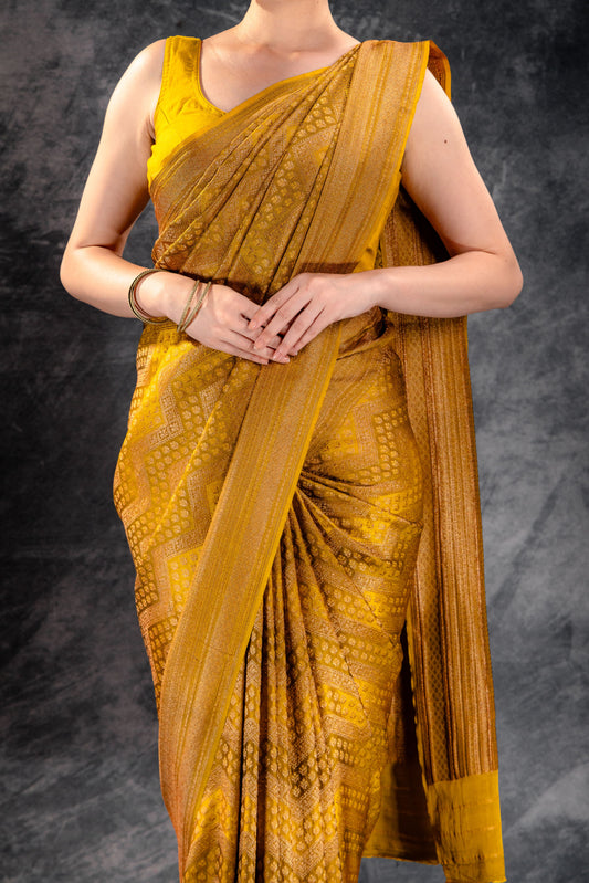 Mustard Yellow Vat Dyed Banarasi Silk Saree with Antique Zari Weave