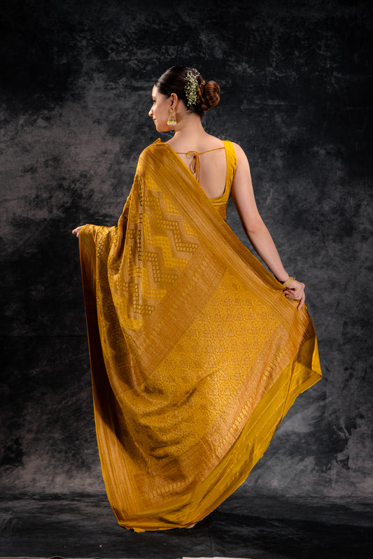 Mustard Yellow Vat Dyed Banarasi Silk Saree with Antique Zari Weave