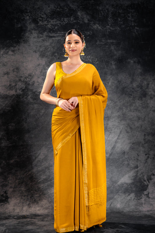 Sunlit Mustard Satin Saree with Elegant Silver Zari Border & Pallu