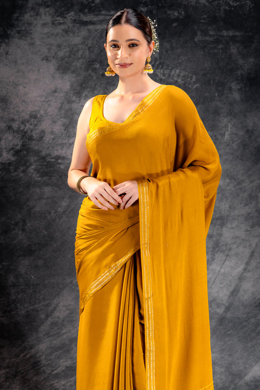 Sunlit Mustard Satin Saree with Elegant Silver Zari Border & Pallu
