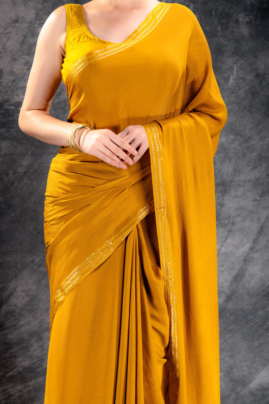 Sunlit Mustard Satin Saree with Elegant Silver Zari Border & Pallu