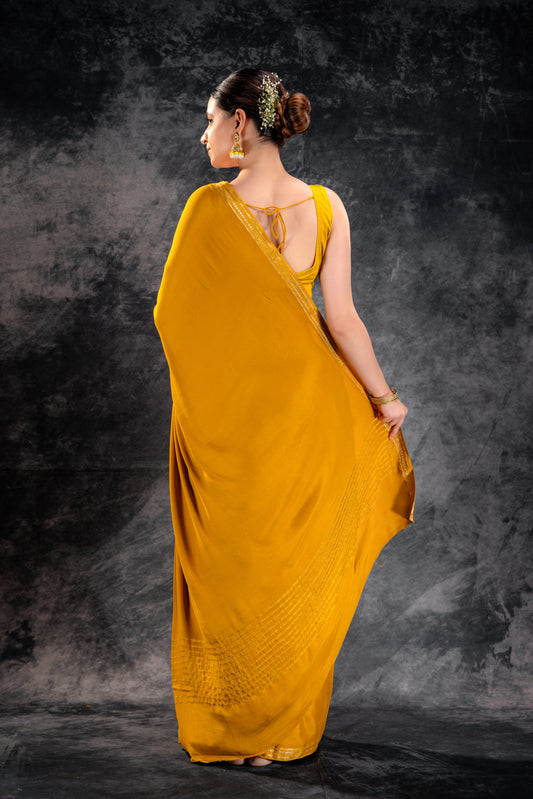 Sunlit Mustard Satin Saree with Elegant Silver Zari Border & Pallu