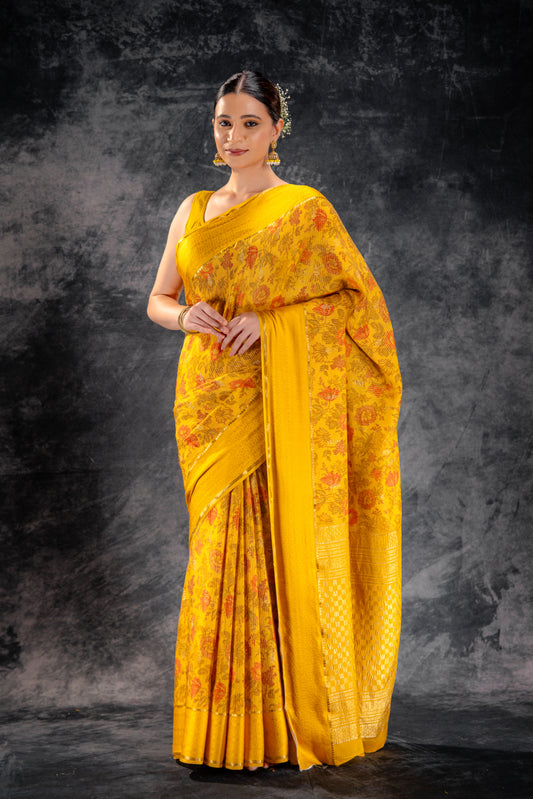 Brust Yellow Crepe Saree with Floral Print and Embossed Border