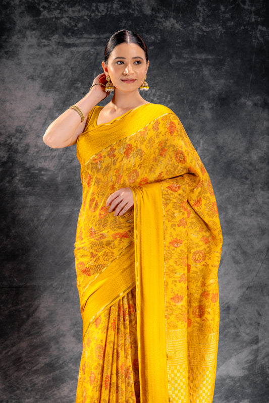 Brust Yellow Crepe Saree with Floral Print and Embossed Border