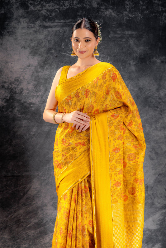Brust Yellow Crepe Saree with Floral Print and Embossed Border