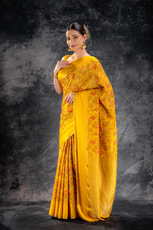 Brust Yellow Crepe Saree with Floral Print and Embossed Border