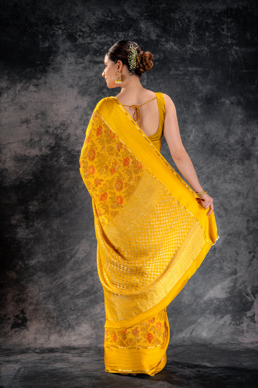 Brust Yellow Crepe Saree with Floral Print and Embossed Border