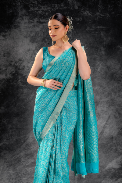 Sea Teal Zari Crepe Brocade Saree with Intricate Zari Floral Weave