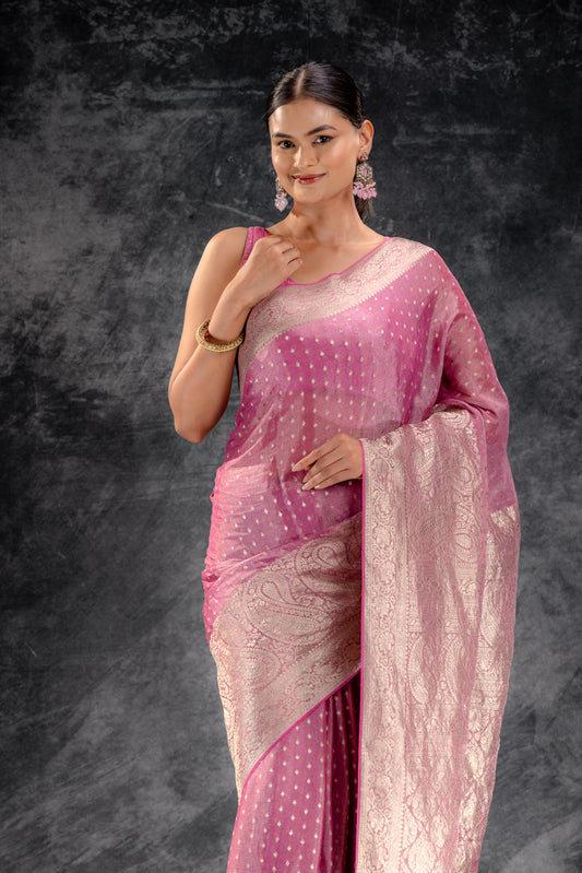 Rose Pink Tissue Saree with Bold Mango Border and SilverButtas