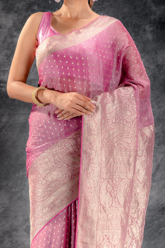 Rose Pink Tissue Saree with Bold Mango Border and SilverButtas