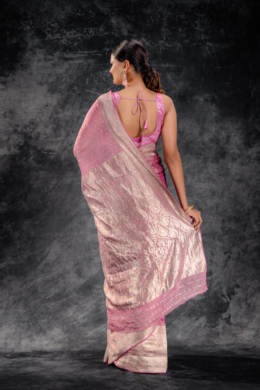 Rose Pink Tissue Saree with Bold Mango Border and SilverButtas