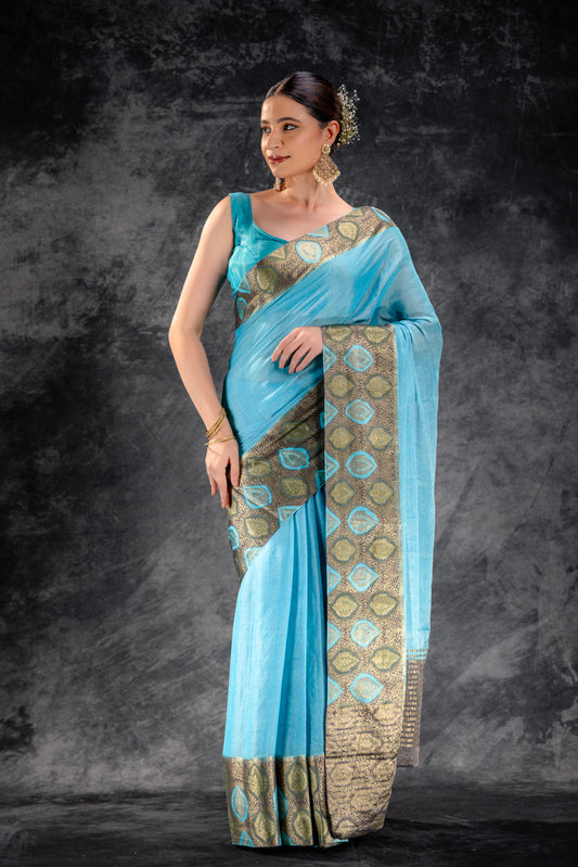 Azure Mist Tissue Saree with Olive Leaf Zari Work