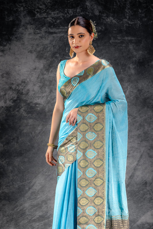 Azure Mist Tissue Saree with Olive Leaf Zari Work