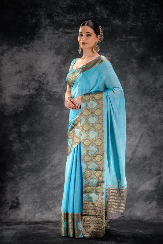 Azure Mist Tissue Saree with Olive Leaf Zari Work