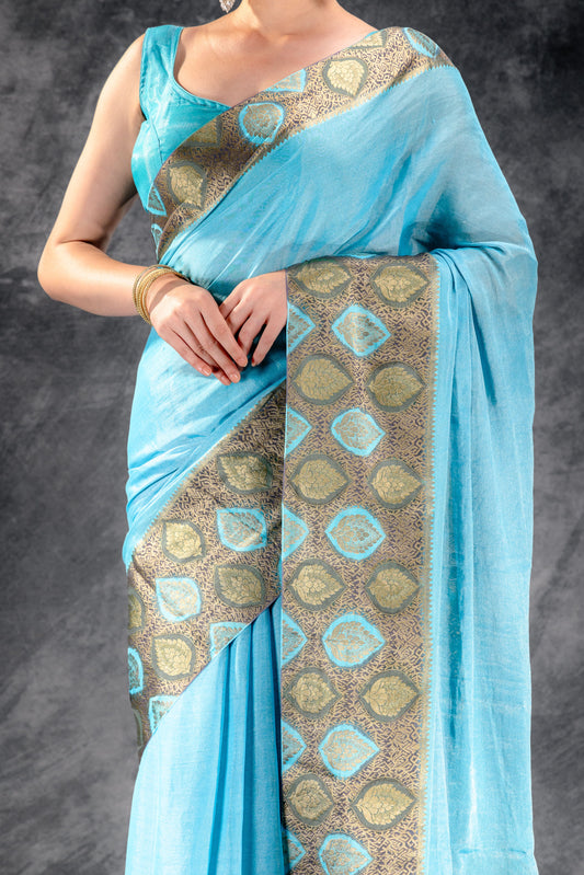 Azure Mist Tissue Saree with Olive Leaf Zari Work