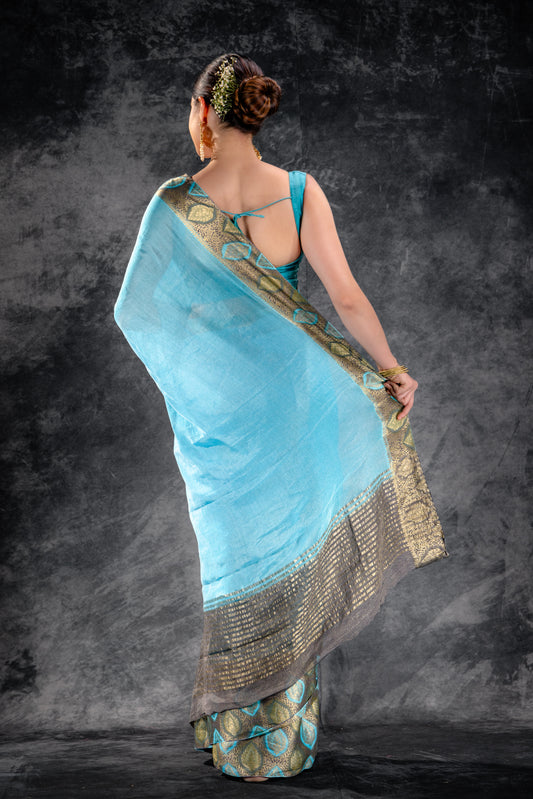 Azure Mist Tissue Saree with Olive Leaf Zari Work