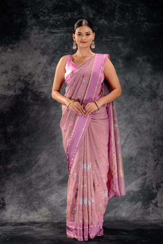 Dusty Rose Embroidered Tissue Saree