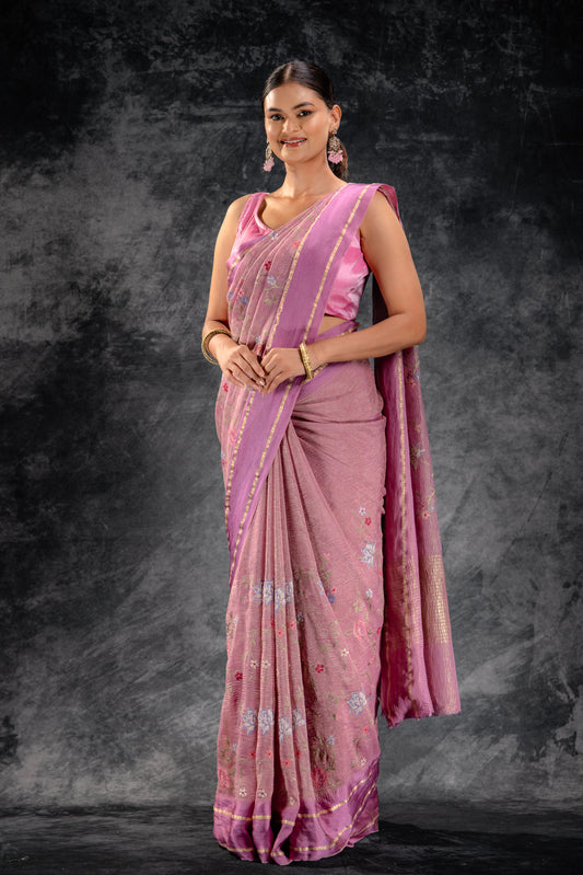Dusty Rose Embroidered Tissue Saree
