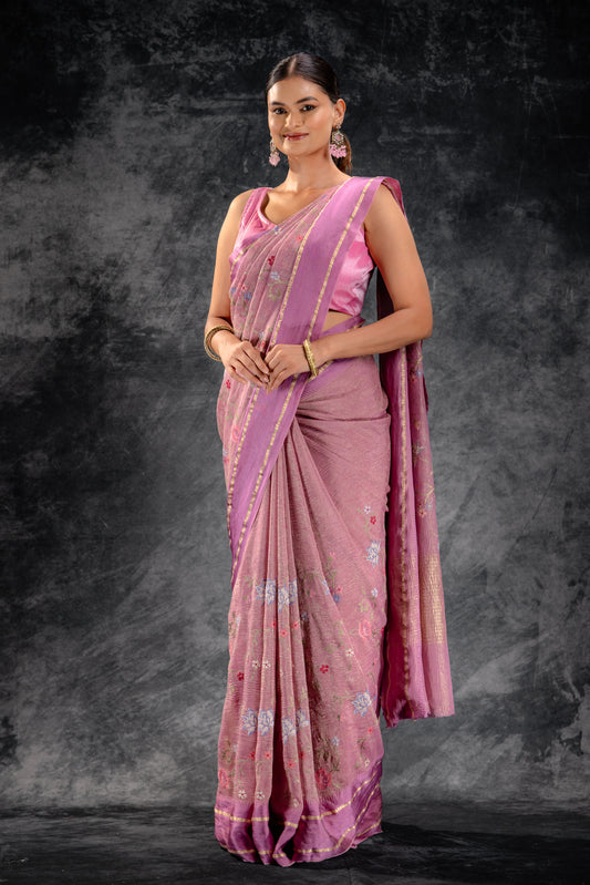 Dusty Rose Embroidered Tissue Saree
