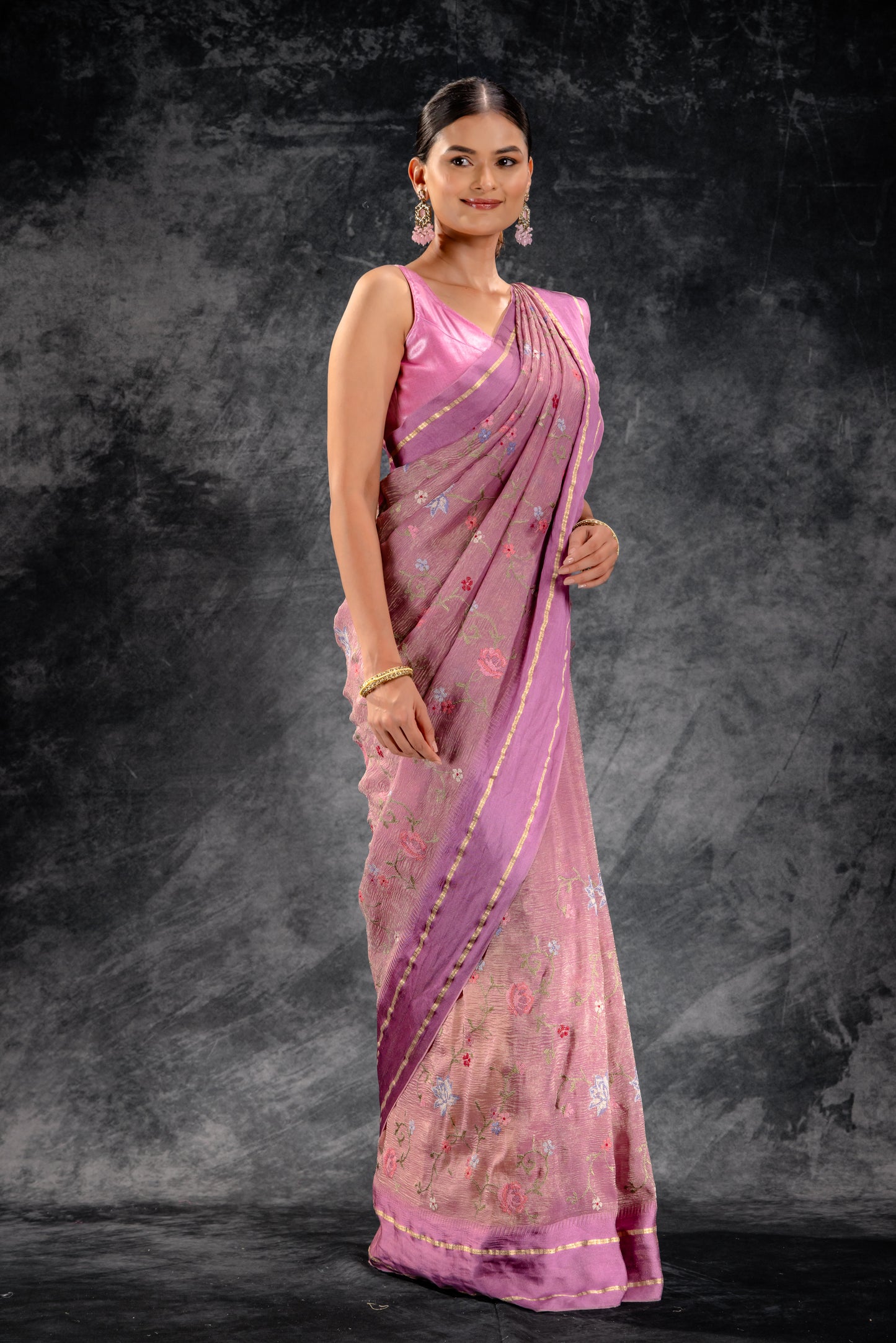 Dusty Rose Embroidered Tissue Saree