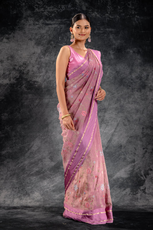Dusty Rose Embroidered Tissue Saree