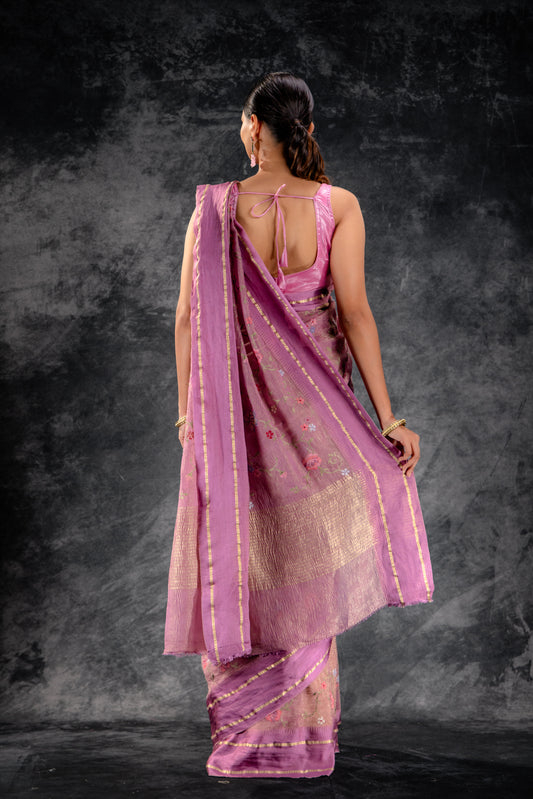 Dusty Rose Embroidered Tissue Saree