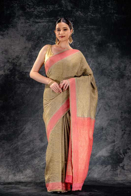Olive Green Crepe Silk Saree with Diagonal Zari Stripes and Contrast Border