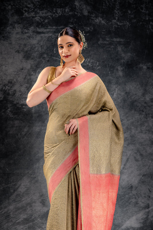Olive Green Crepe Silk Saree with Diagonal Zari Stripes and Contrast Border