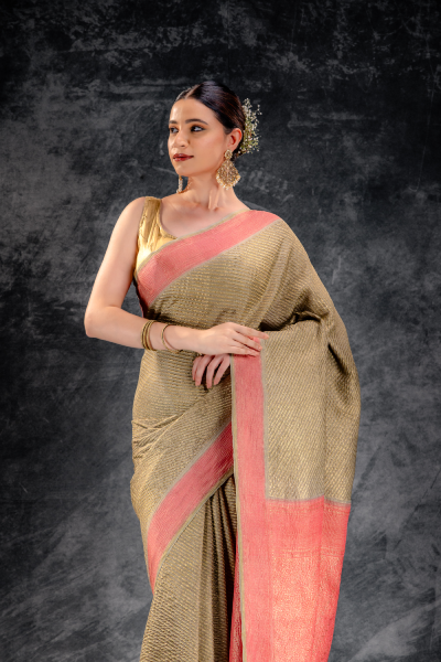 Olive Green Crepe Silk Saree with Diagonal Zari Stripes and Contrast Border