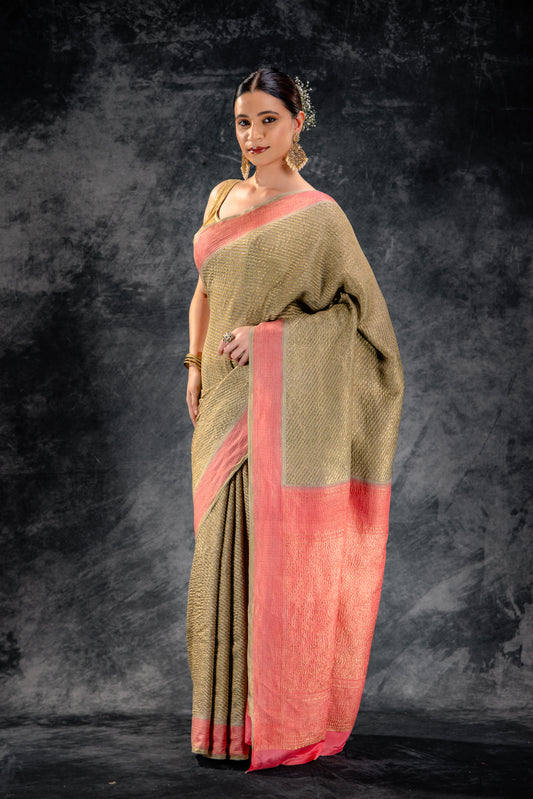 Olive Green Crepe Silk Saree with Diagonal Zari Stripes and Contrast Border