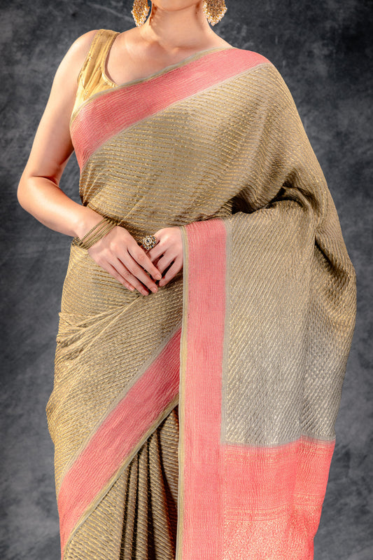 Olive Green Crepe Silk Saree with Diagonal Zari Stripes and Contrast Border