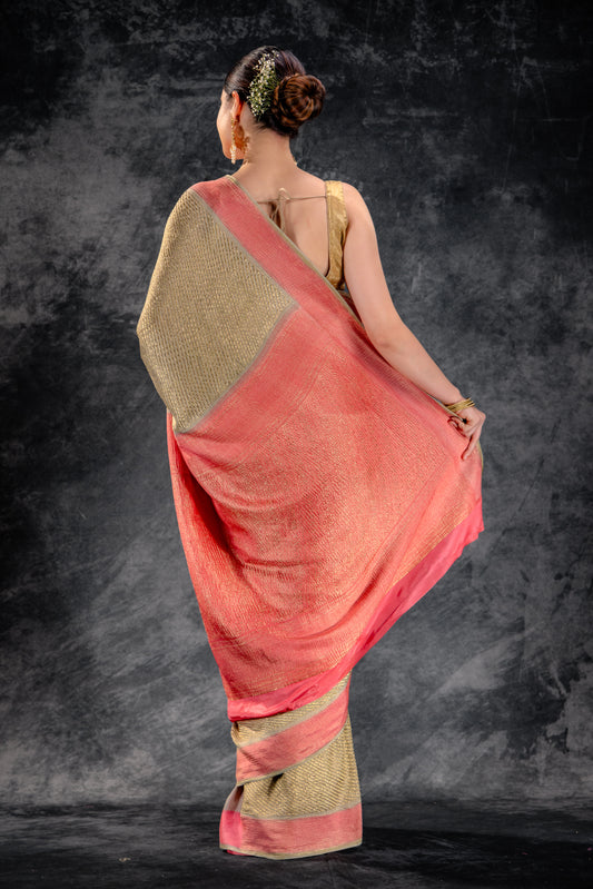Olive Green Crepe Silk Saree with Diagonal Zari Stripes and Contrast Border