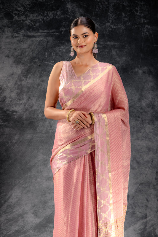 Tissue Royale Dusty Rose Saree with Mughal Arch Border & Zari Wave Weave