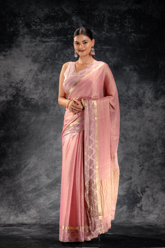 Tissue Royale Dusty Rose Saree with Mughal Arch Border & Zari Wave Weave