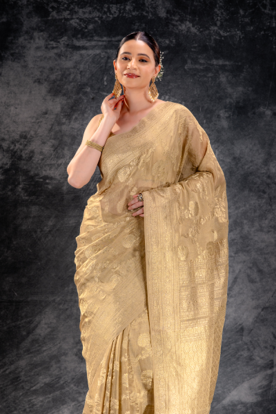 Beige Gold Tissue Saree with Zari Jaal Weave and Ornate Border