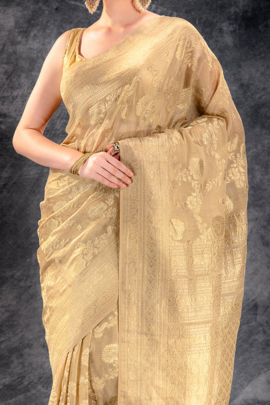 Beige Gold Tissue Saree with Zari Jaal Weave and Ornate Border