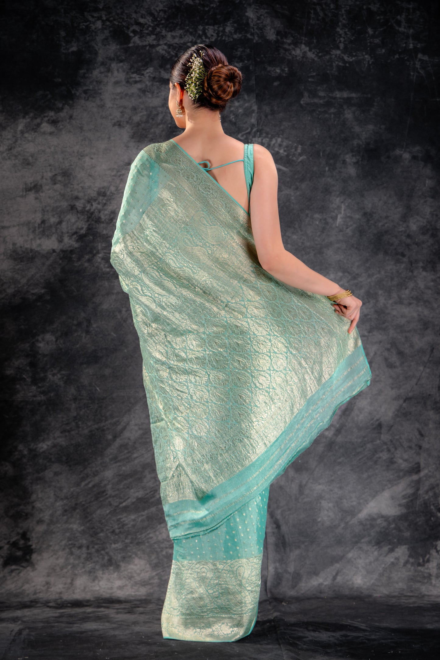 Sea Green Tissue Saree with Majestic Mango Border and Woven Buttas
