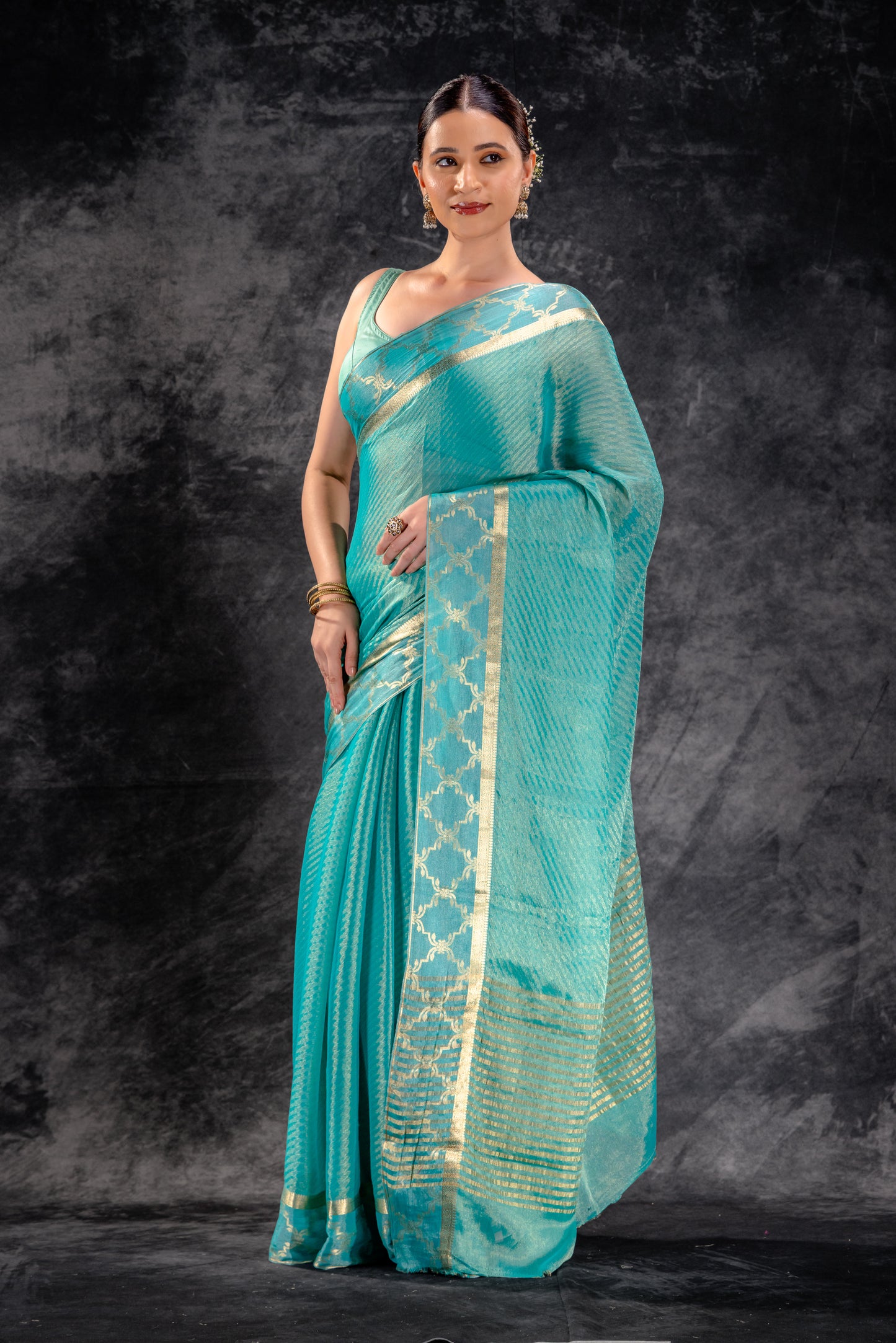 Tissue Royale Aqua Saree with Gold Mughal Motif Border & Diagonal Zari Weave