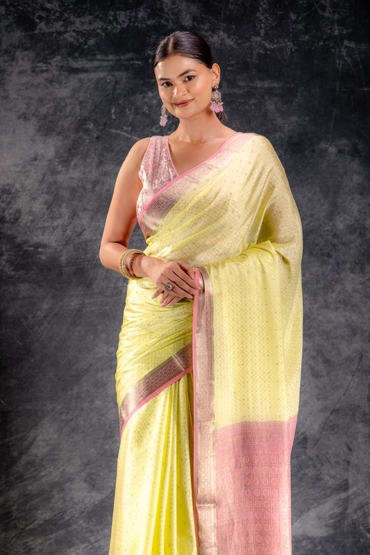 Pistachio Crepe Silk Saree with Buttas and Diamond Weave